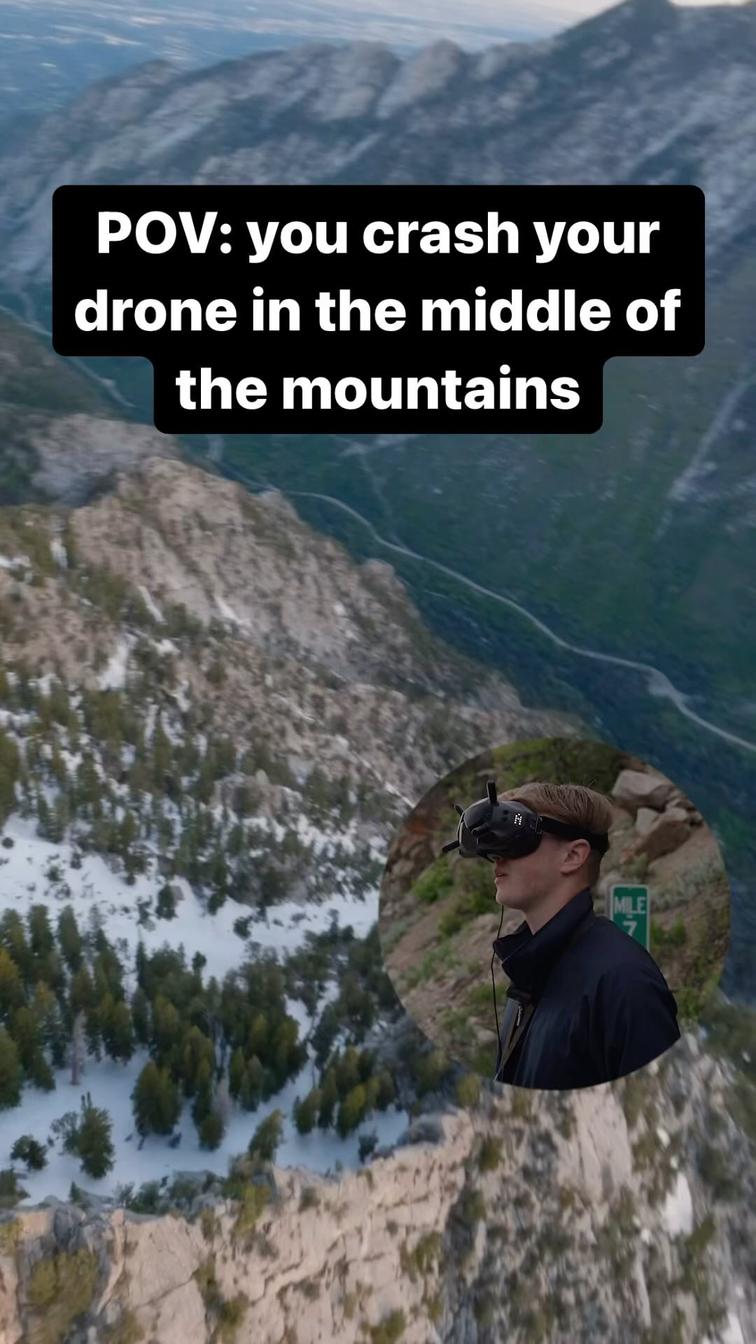 FPV flying above mountain terrain